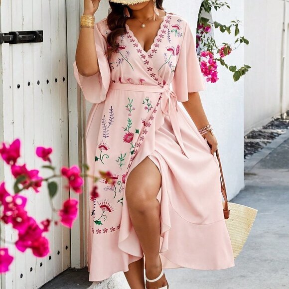 . Dresses & Skirts - Pink Boho Womens Plus Size Women's Wrap Design Dress With Floral Print